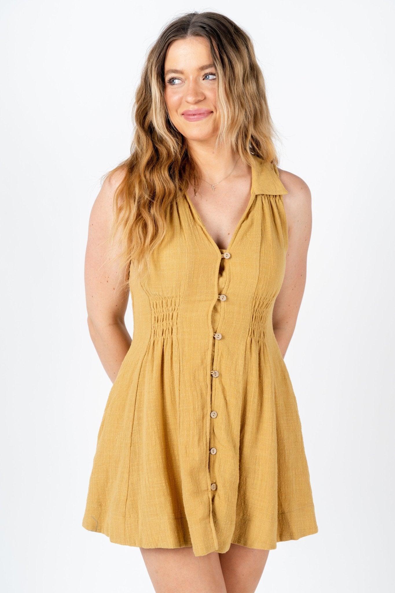Smocked collared dress golden kiwi - Affordable Dress - Boutique Dresses at Lush Fashion Lounge Boutique in Oklahoma City