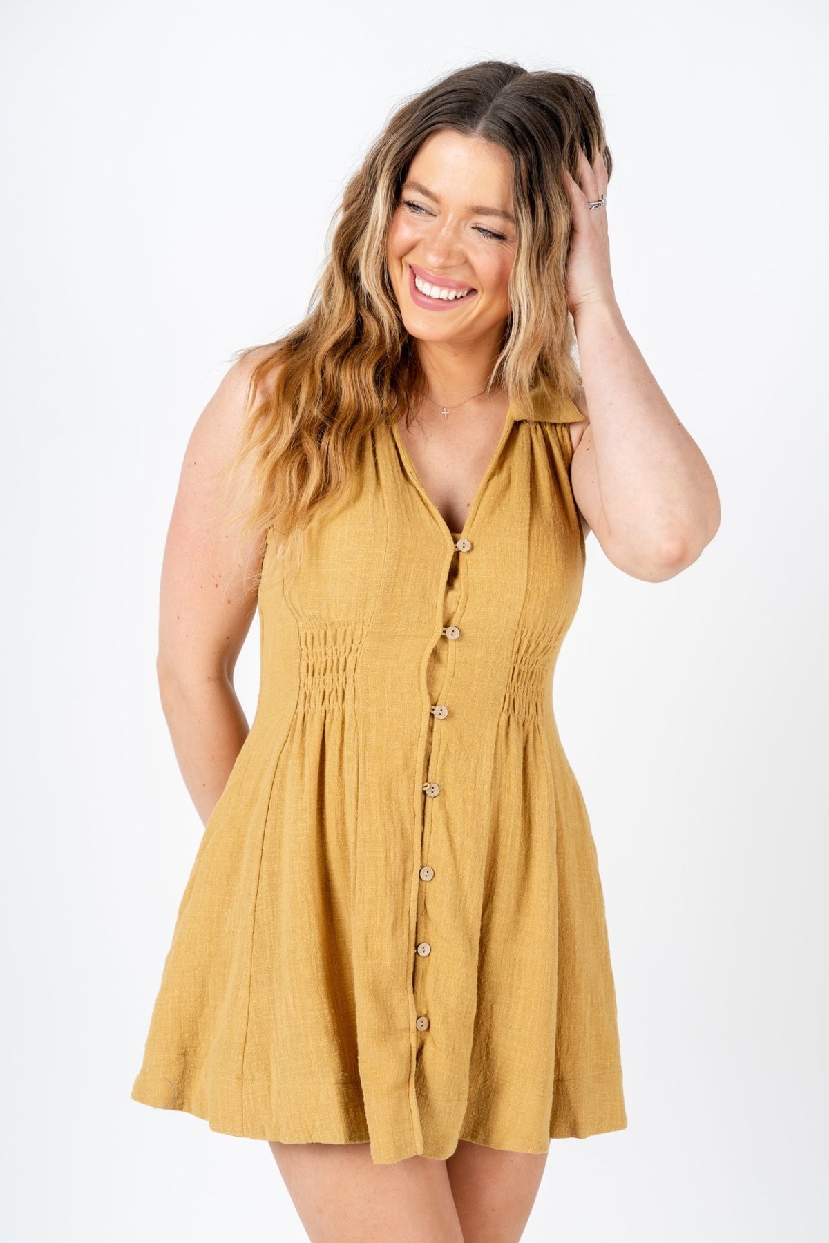 Smocked collared dress golden kiwi - Cute Dress - Trendy Dresses at Lush Fashion Lounge Boutique in Oklahoma City