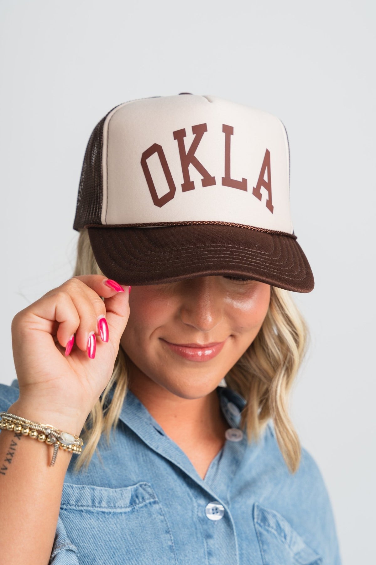 OKLA curved two tone trucker hat khaki/brown - Trendy Hats at Lush Fashion Lounge Boutique in Oklahoma City