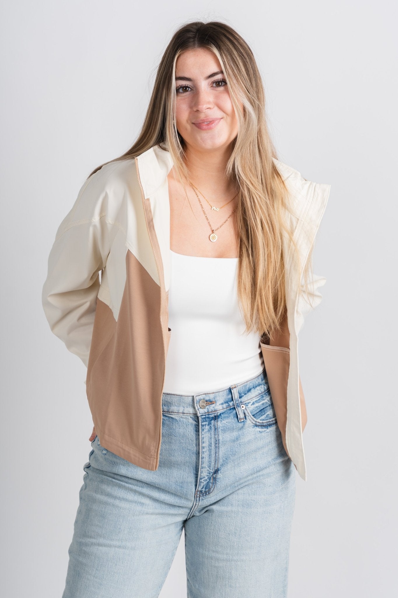 Color block zip jacket vanilla/mocha – Fashionable Jackets | Trendy Blazers at Lush Fashion Lounge Boutique in Oklahoma City