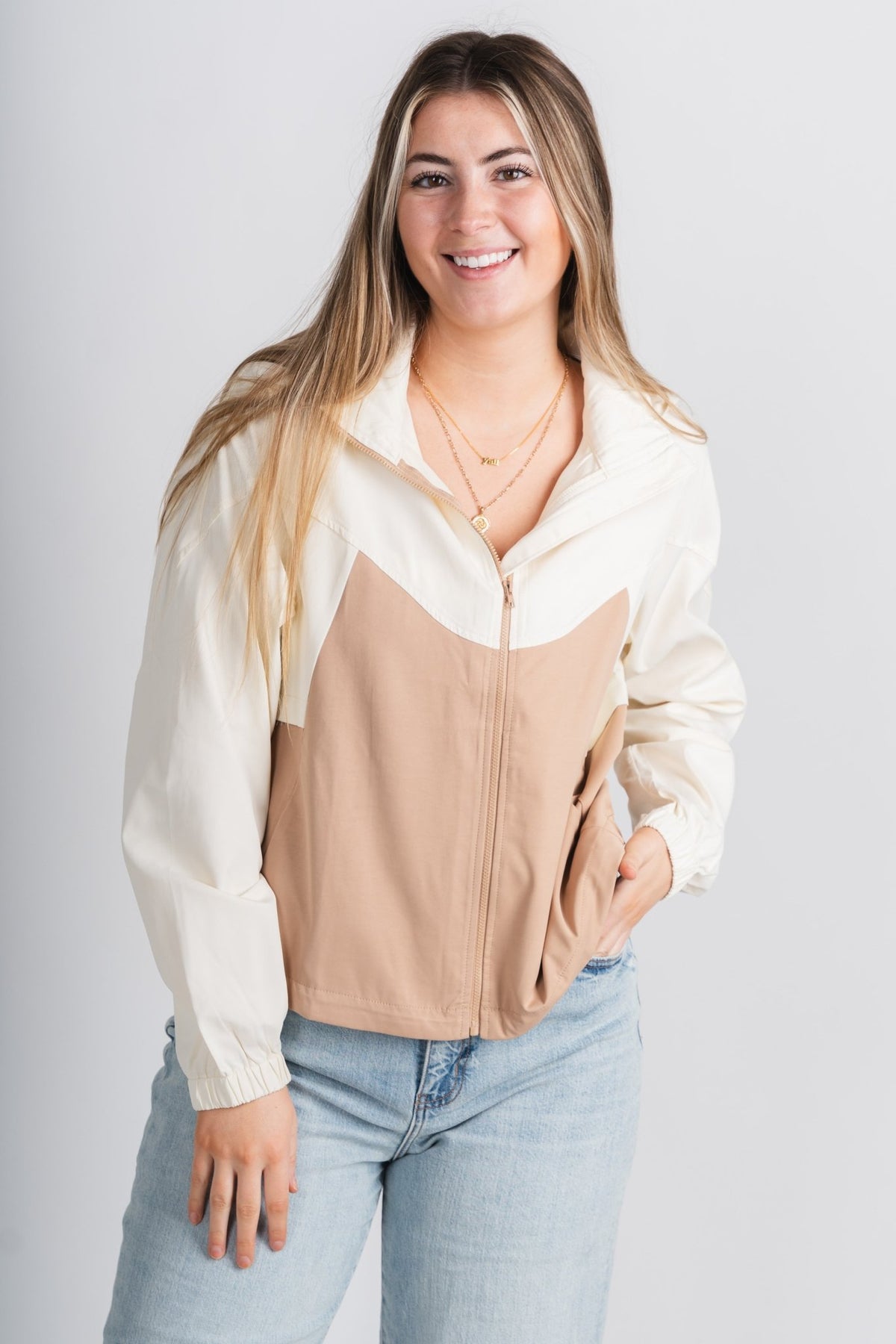 Color block zip jacket vanilla/mocha – Trendy Jackets | Cute Fashion Blazers at Lush Fashion Lounge Boutique in Oklahoma City
