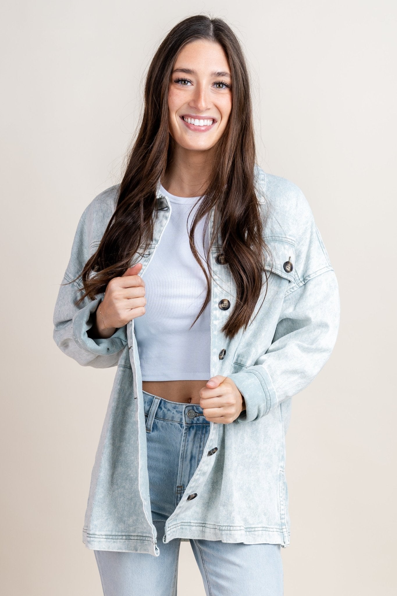 Washed oversized denim shacket mint