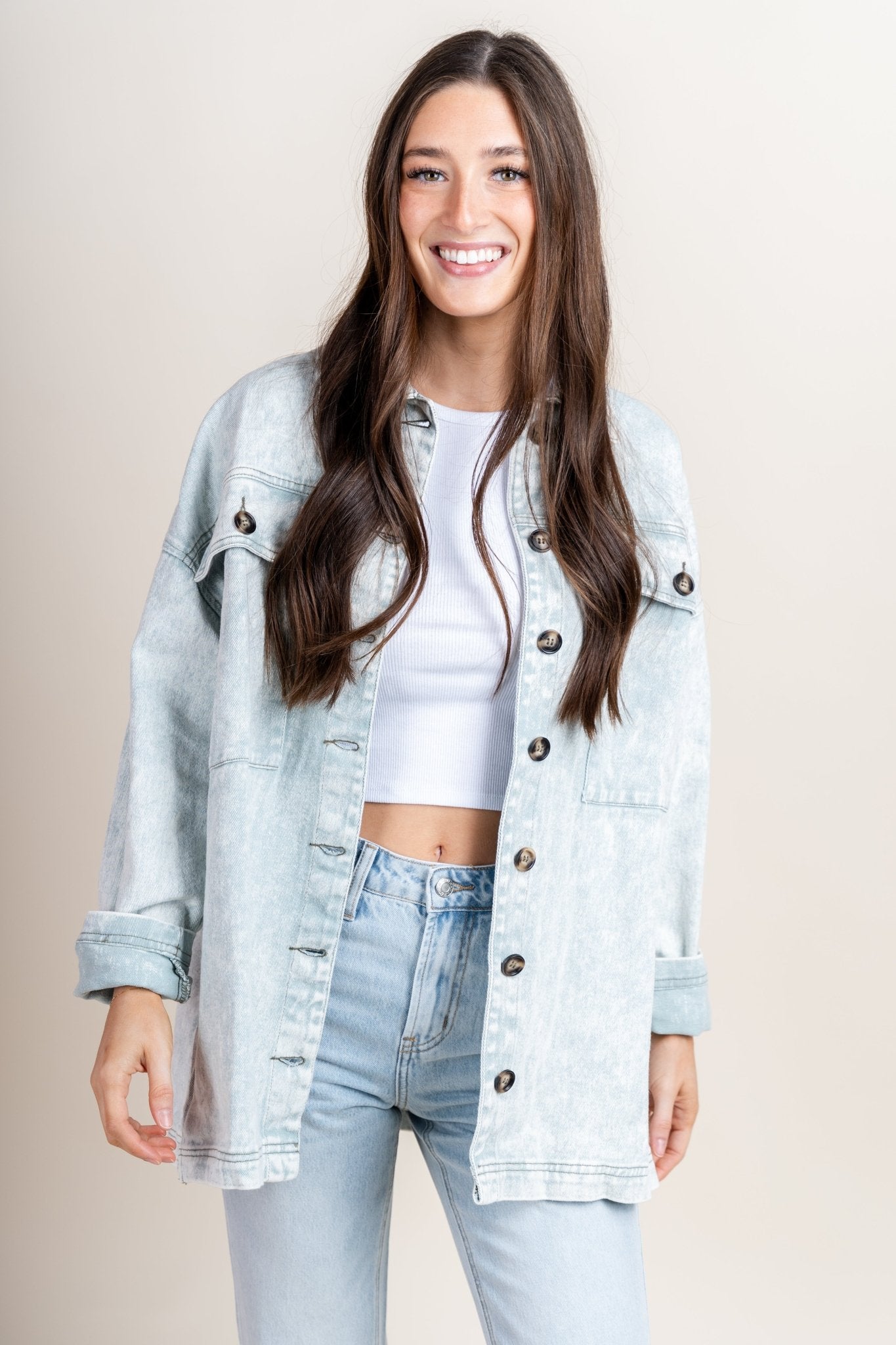 Washed oversized denim shacket mint