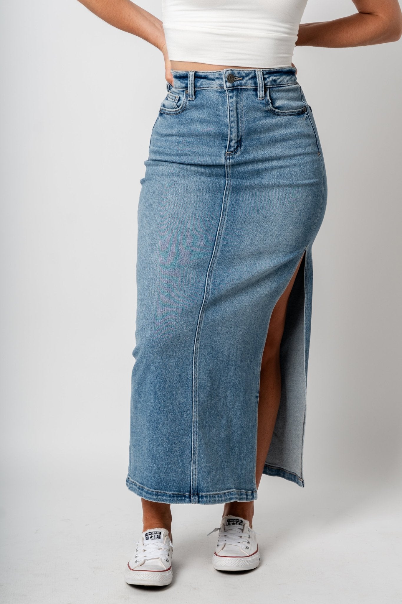 Unique Bargains Women's High Waist Jean Back Vent Midi Length Denim Skirts  L Light Blue - Walmart.com