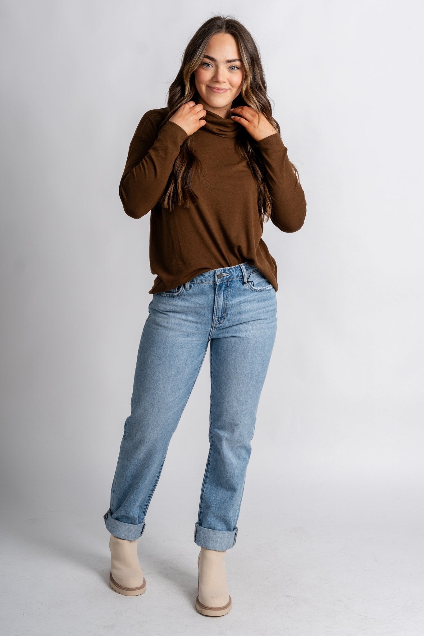 Mock cowl neck long sleeve top espresso – Unique Sweaters | Lounging Sweaters and Womens Fashion Sweaters at Lush Fashion Lounge Boutique in Oklahoma City
