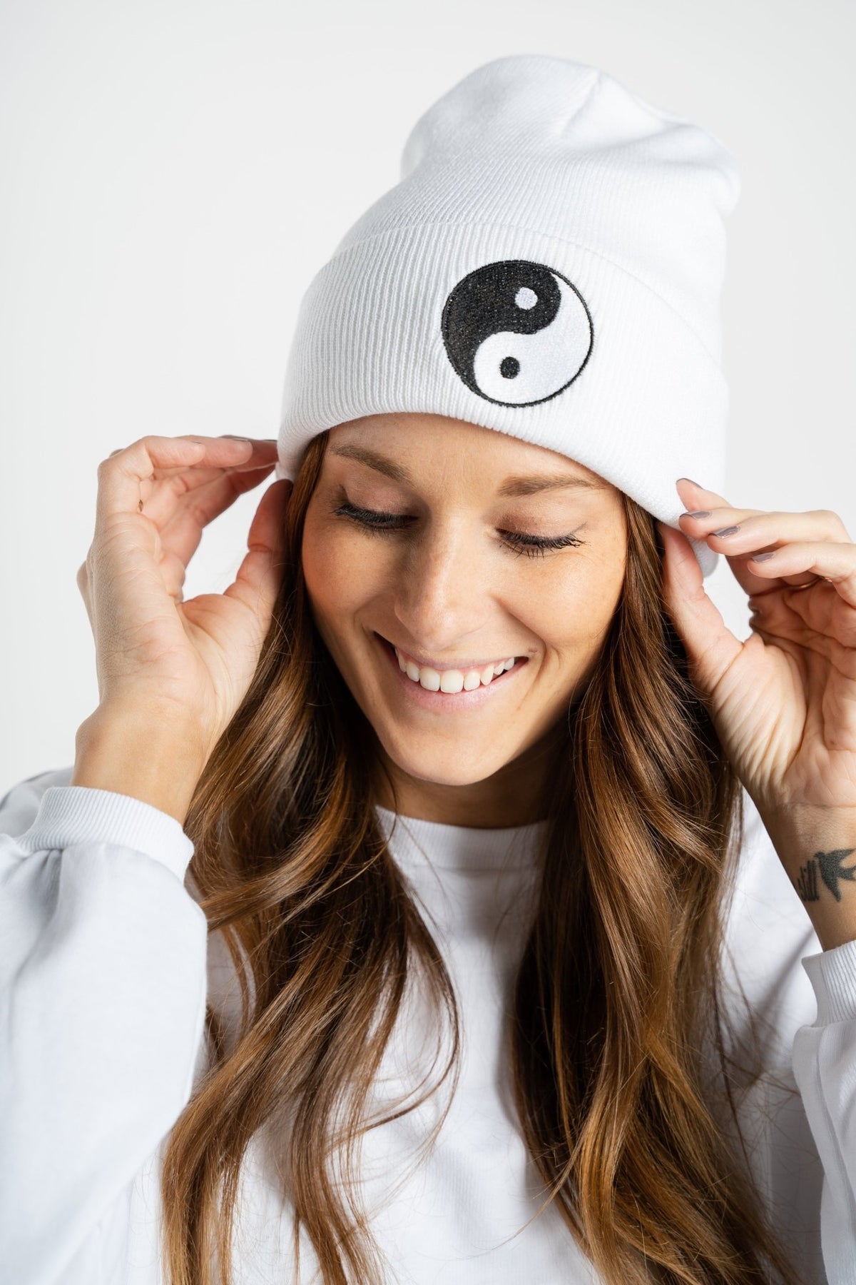 Yin yang beanie white - Trendy Beanies at Lush Fashion Lounge Boutique in Oklahoma City