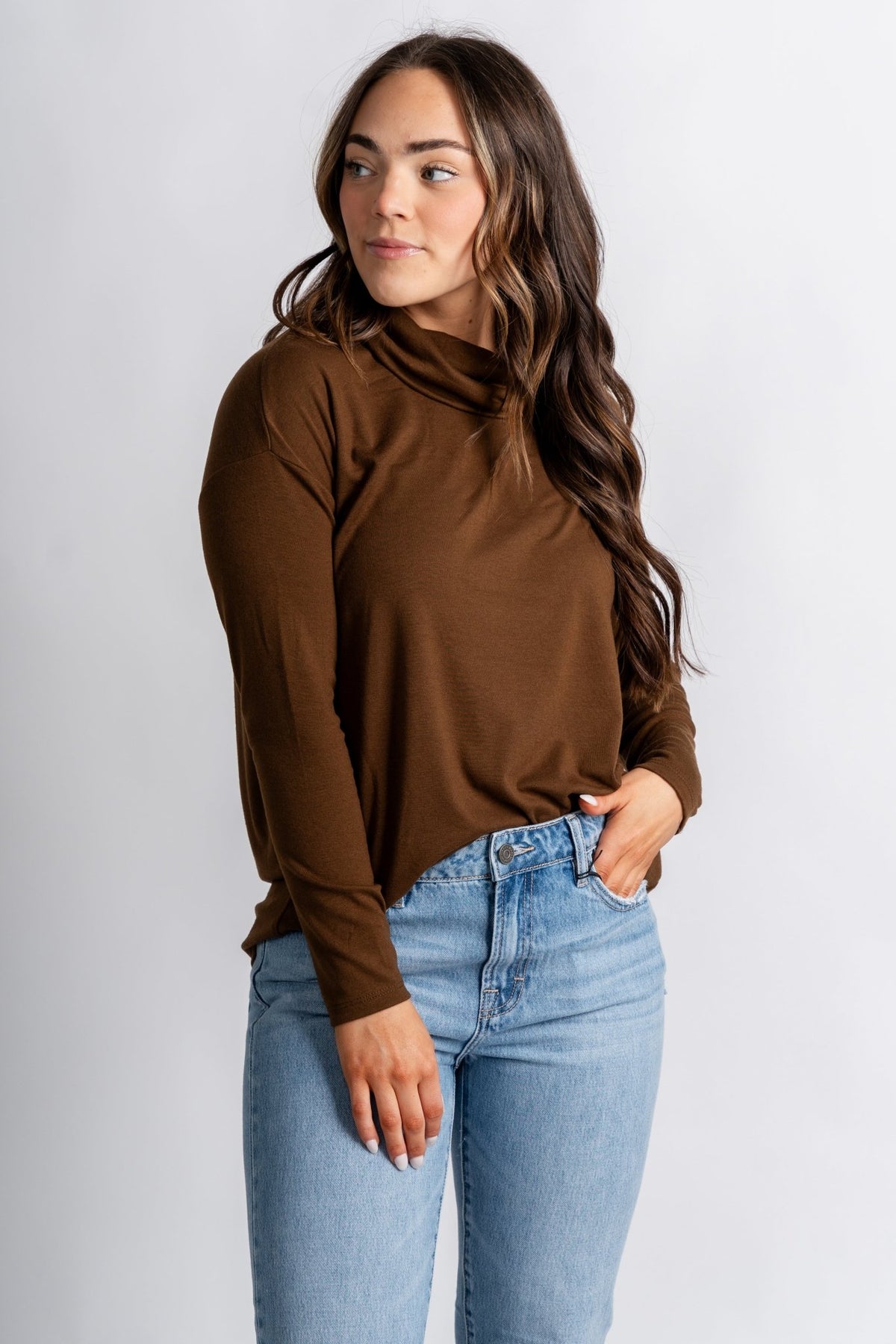 Mock cowl neck long sleeve top espresso – Boutique Sweaters | Fashionable Sweaters at Lush Fashion Lounge Boutique in Oklahoma City