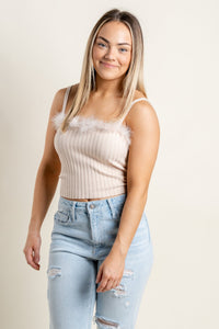 Fur trim tank top cream - Affordable Top - Boutique Tank Tops at Lush Fashion Lounge Boutique in Oklahoma City