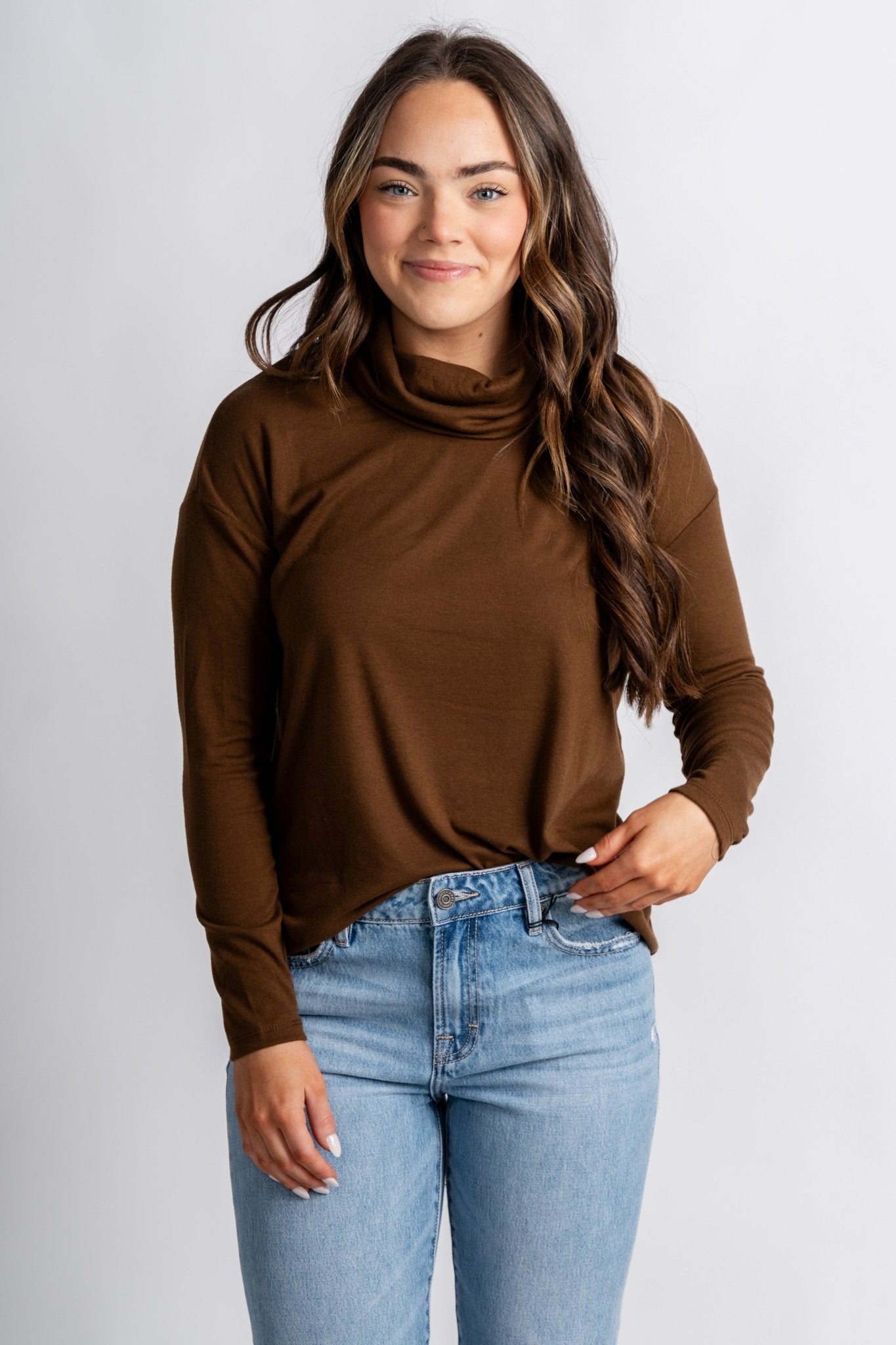 Mock cowl neck long sleeve top espresso – Stylish Sweaters | Boutique Sweaters at Lush Fashion Lounge Boutique in Oklahoma City