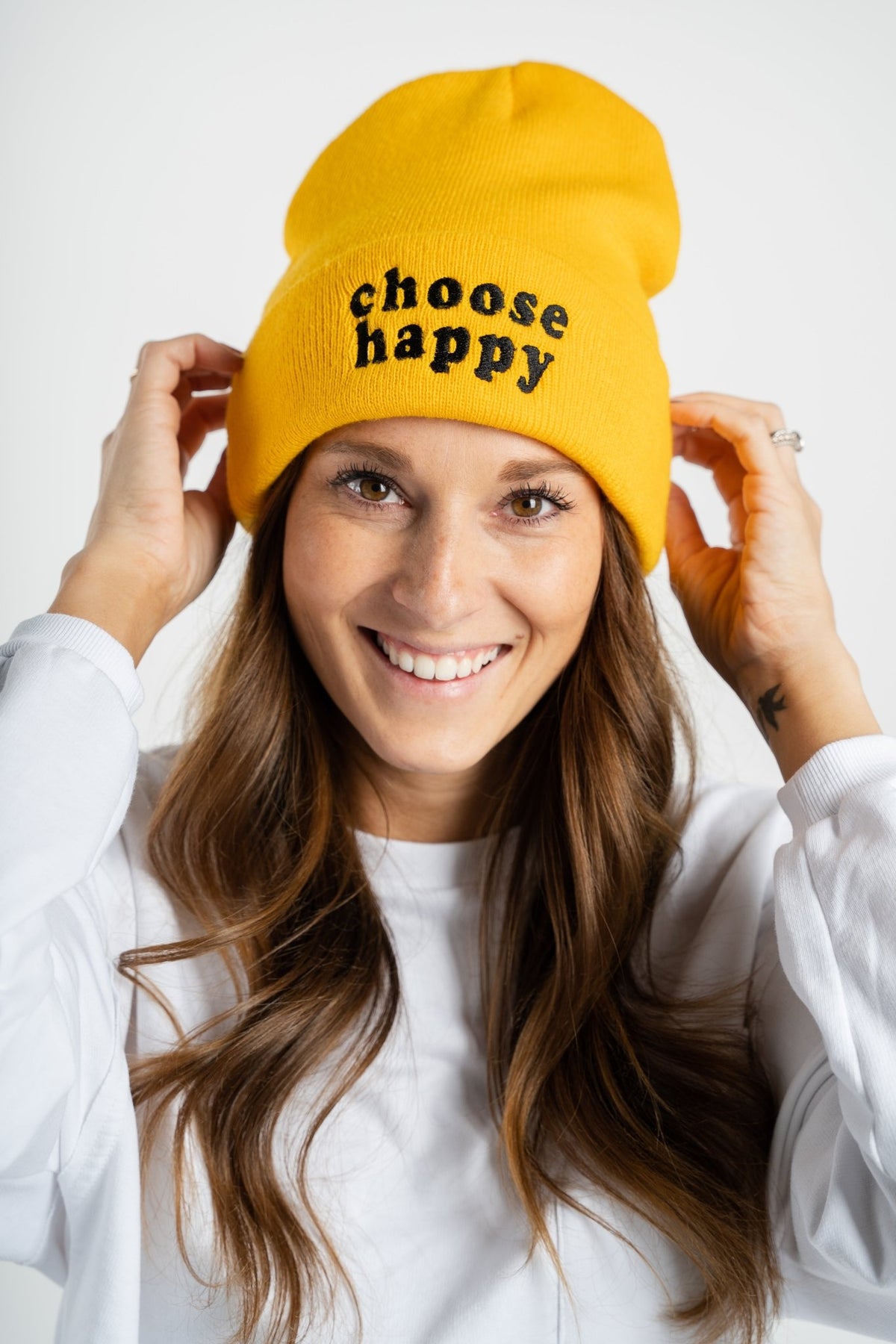 Choose happy beanie yellow - Trendy Beanies at Lush Fashion Lounge Boutique in Oklahoma City