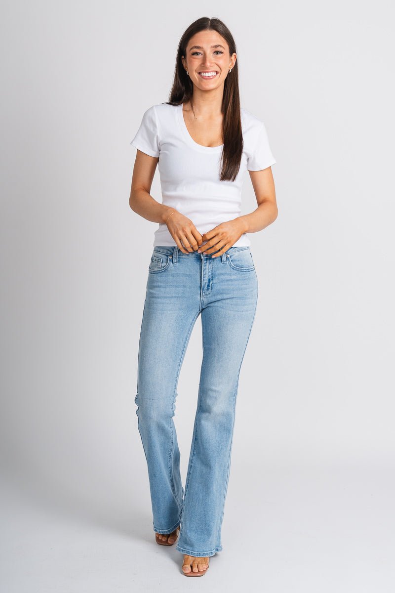 JBD low rise flare jeans light denim | Lush Fashion Lounge: boutique women's jeans, fashion jeans for women, affordable fashion jeans, cute boutique jeans