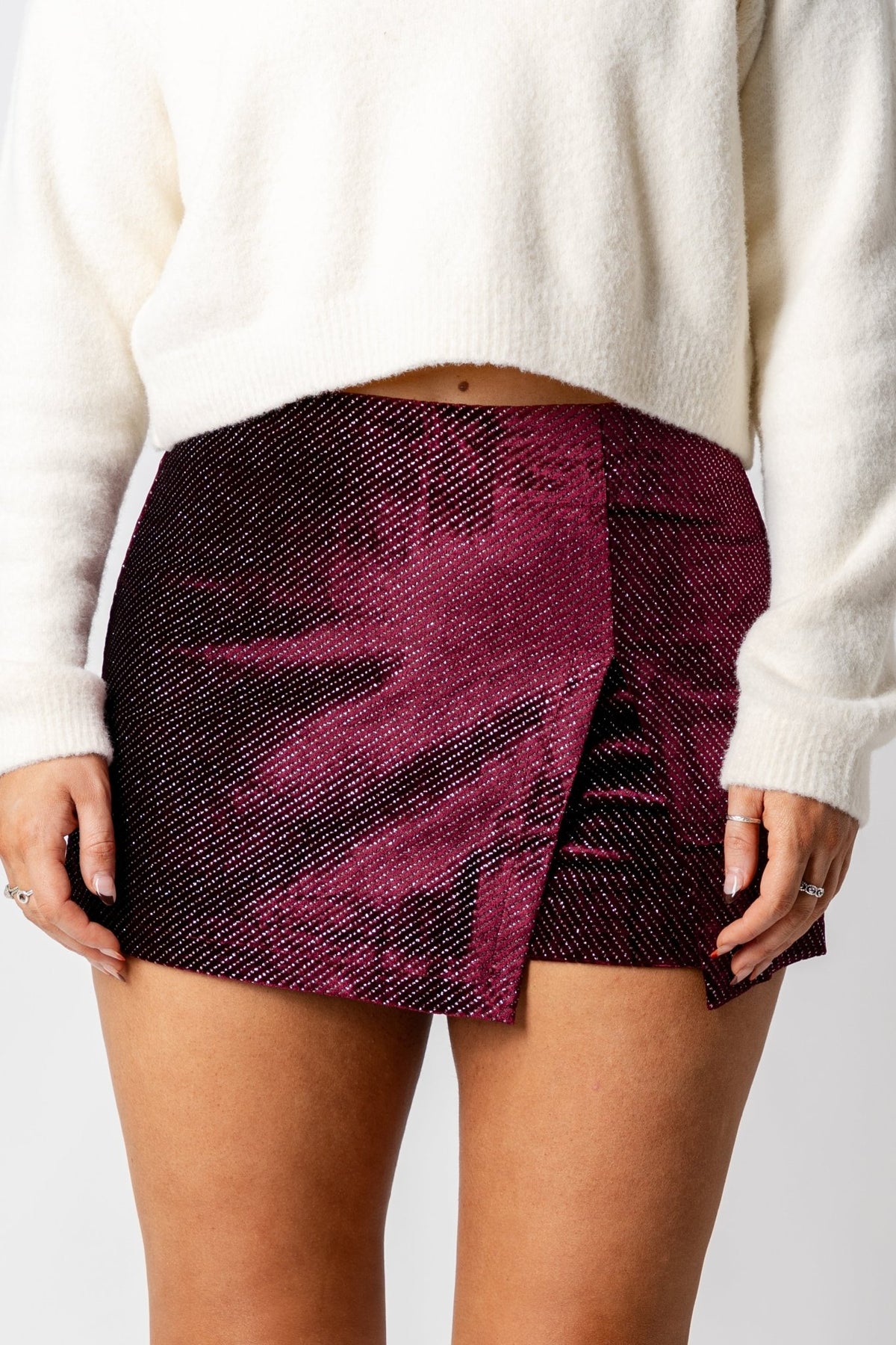 Front slit shimmer skort merlot - Trendy Holiday Apparel at Lush Fashion Lounge Boutique in Oklahoma City