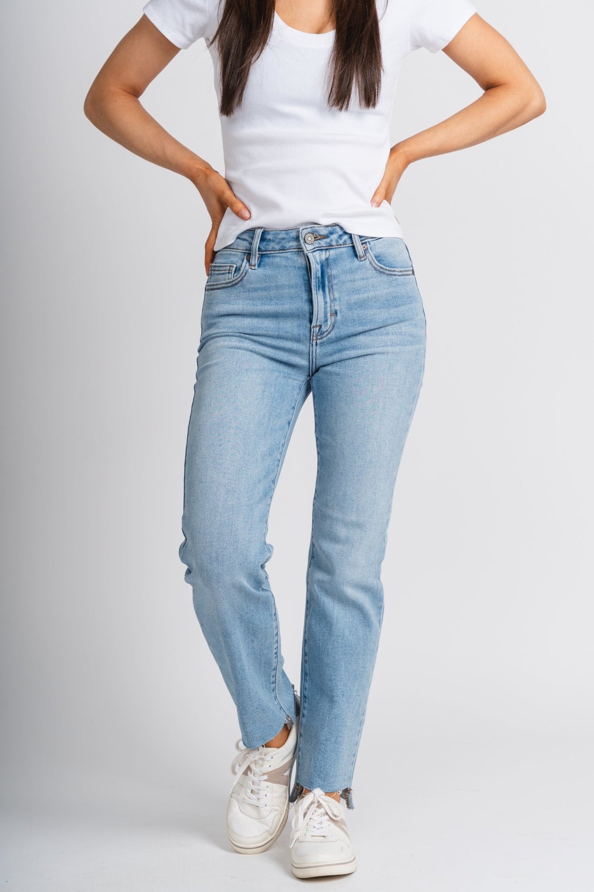 Hidden step hem Tracey straight jeans light blue | Lush Fashion Lounge: boutique women's jeans, fashion jeans for women, affordable fashion jeans, cute boutique jeans