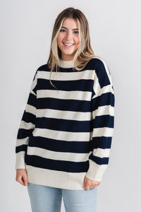 Oversized striped sweater ivory/navy - Trendy Oklahoma City Basketball T-Shirts Lush Fashion Lounge Boutique in Oklahoma City