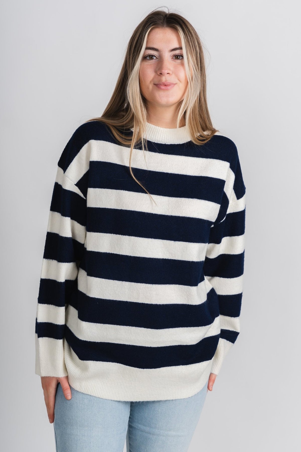 Oversized striped sweater ivory/navy - Trendy OKC Apparel at Lush Fashion Lounge Boutique in Oklahoma City