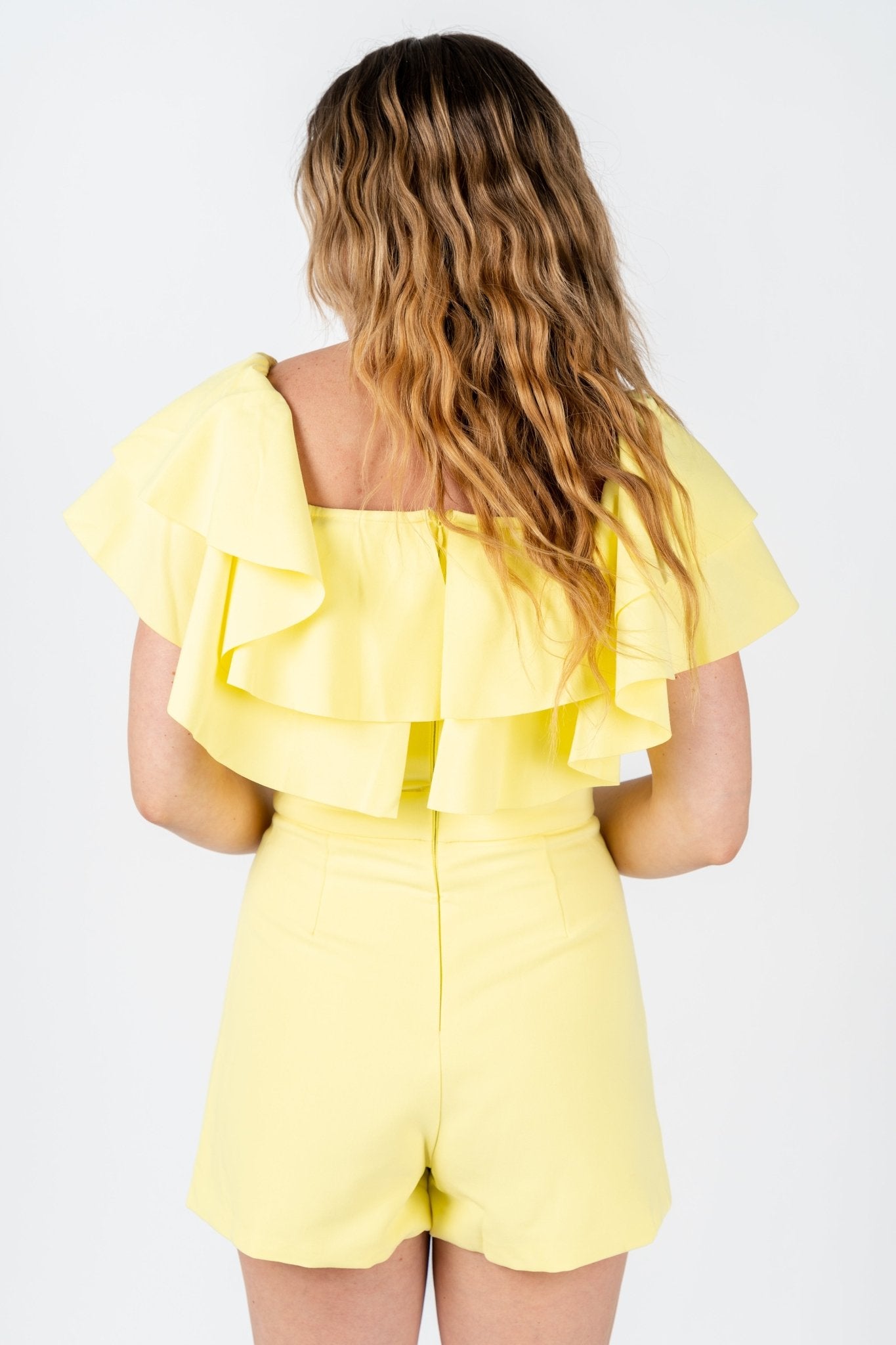 Layer ruffle romper lemon - Adorable Romper - Stylish Vacation T-Shirts at Lush Fashion Lounge Boutique in Oklahoma City