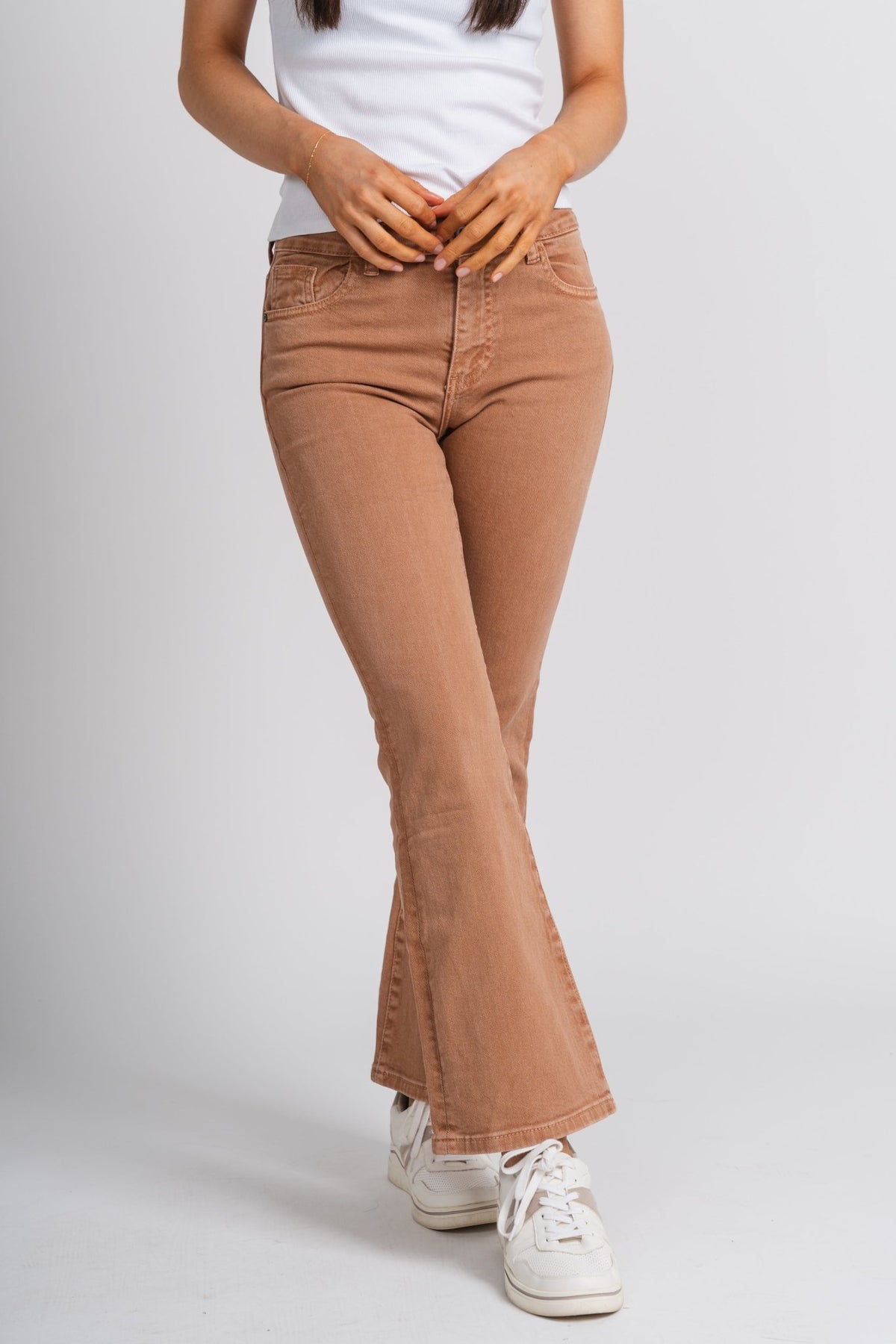 High waist flare jeans camel | Lush Fashion Lounge: boutique women's jeans, fashion jeans for women, affordable fashion jeans, cute boutique jeans