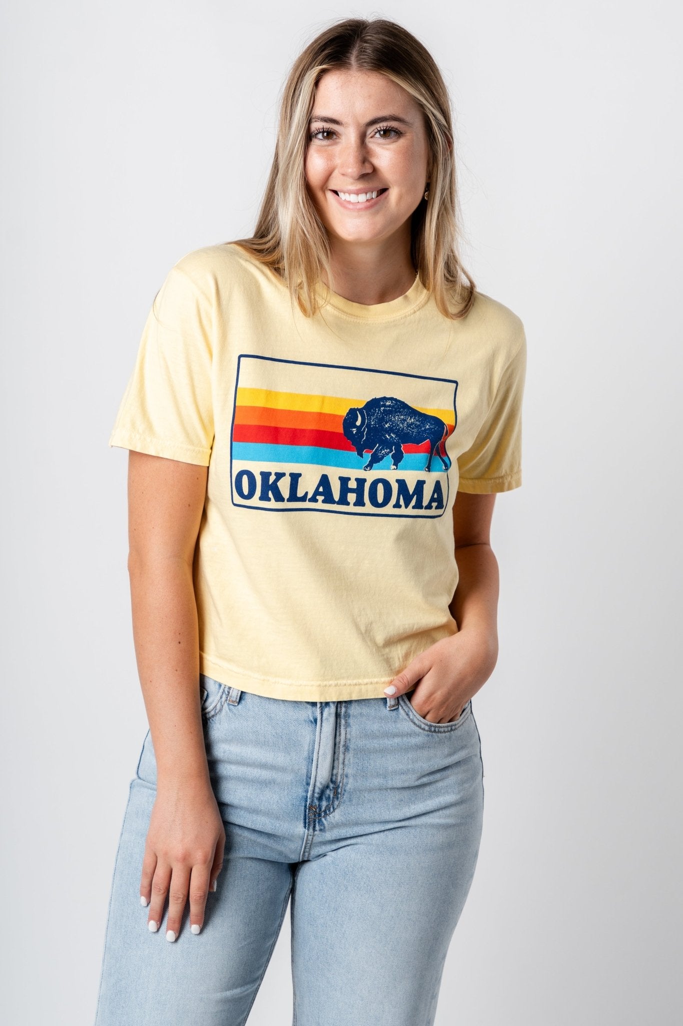 Bison colorful lines comfort color crop t-shirt yellow