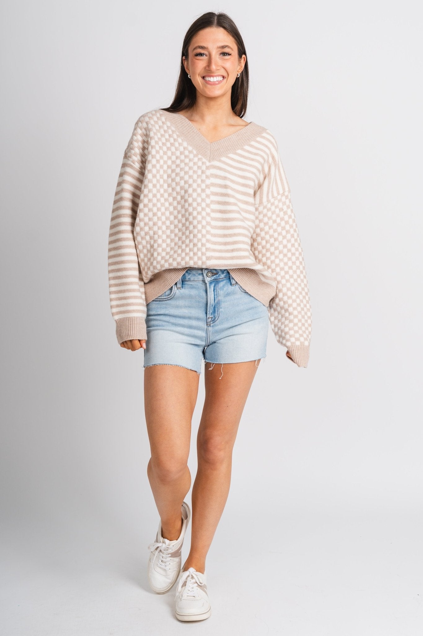 Checkered sweater ivory/taupe - Trendy Sweaters | Cute Pullover Sweaters at Lush Fashion Lounge Boutique in Oklahoma City