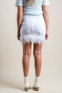Feather trim mini skirt white | Lush Fashion Lounge: boutique fashion skirts, affordable boutique skirts, cute affordable skirts