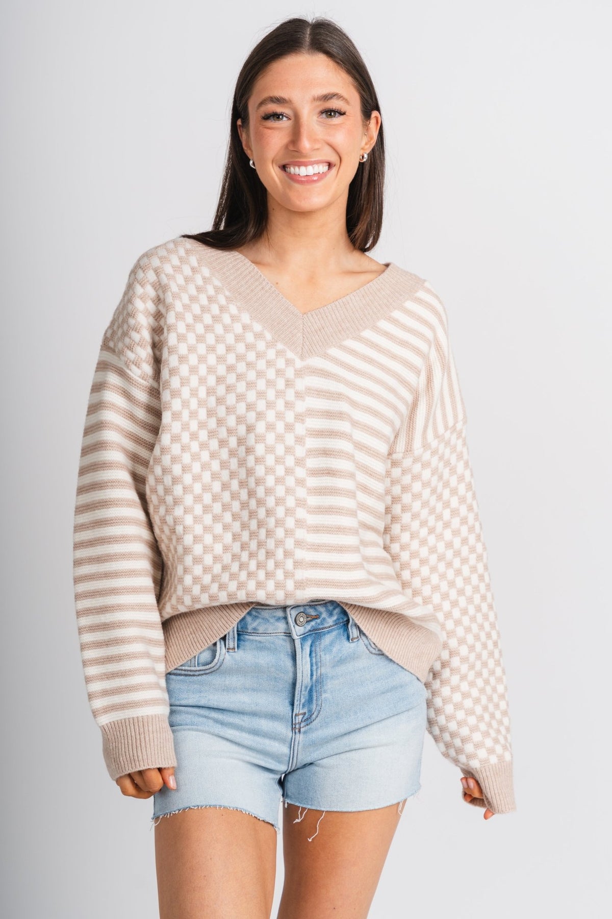 Checkered sweater ivory/taupe – Boutique Sweaters | Fashionable Sweaters at Lush Fashion Lounge Boutique in Oklahoma City