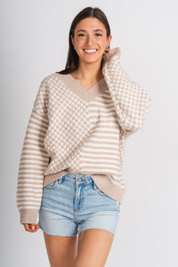 Checkered sweater ivory/taupe – Stylish Sweaters | Boutique Sweaters at Lush Fashion Lounge Boutique in Oklahoma City