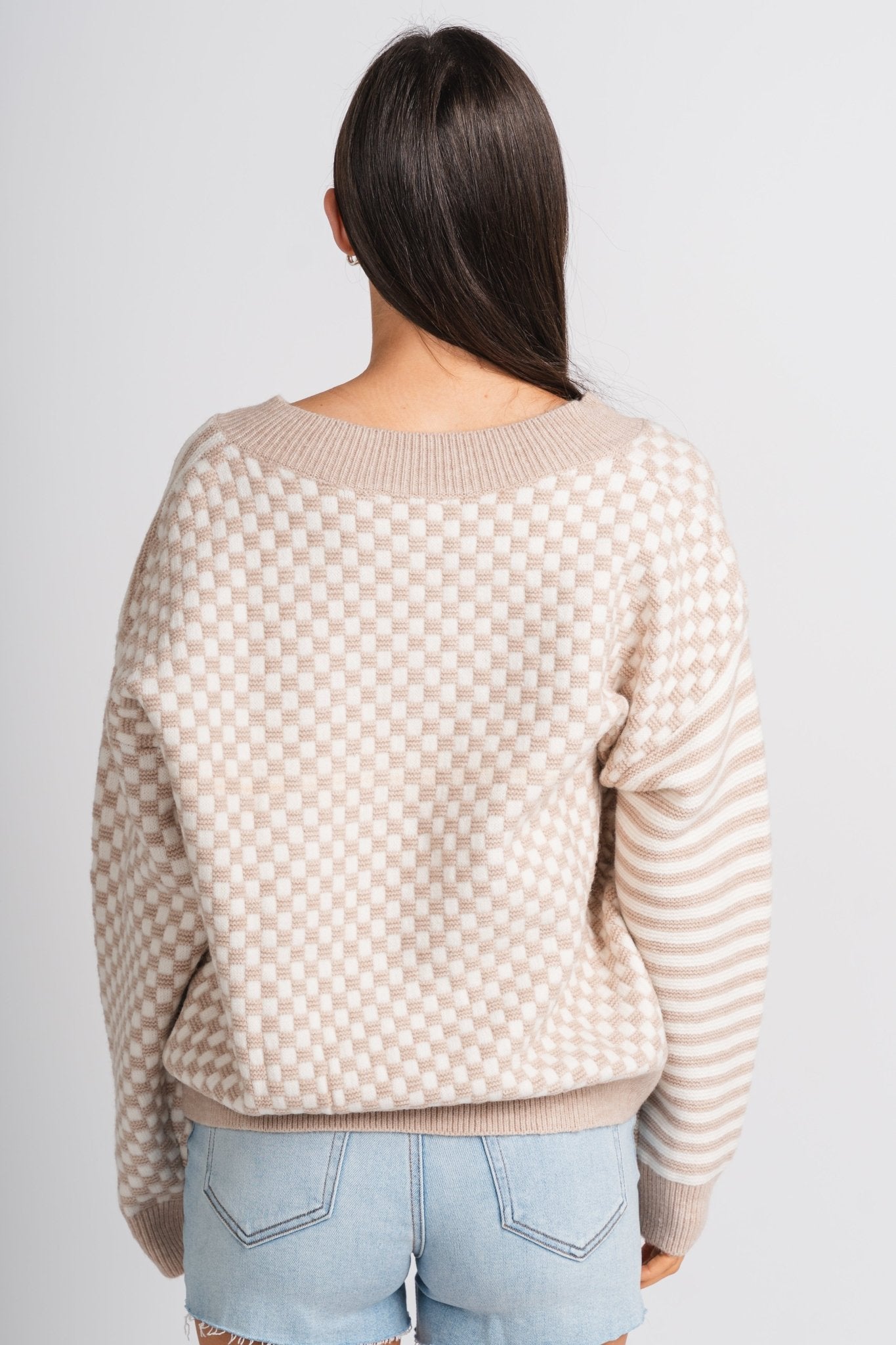 Checkered sweater ivory/taupe