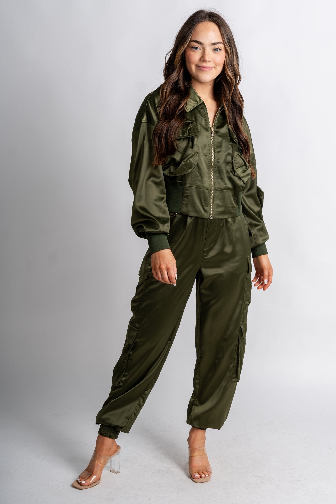 Satin cargo jacket olive – Unique Blazers | Cute Blazers For Women at Lush Fashion Lounge Boutique in Oklahoma City