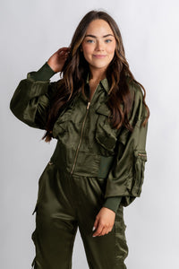 Satin cargo jacket olive – Affordable Blazers | Cute Black Jackets at Lush Fashion Lounge Boutique in Oklahoma City