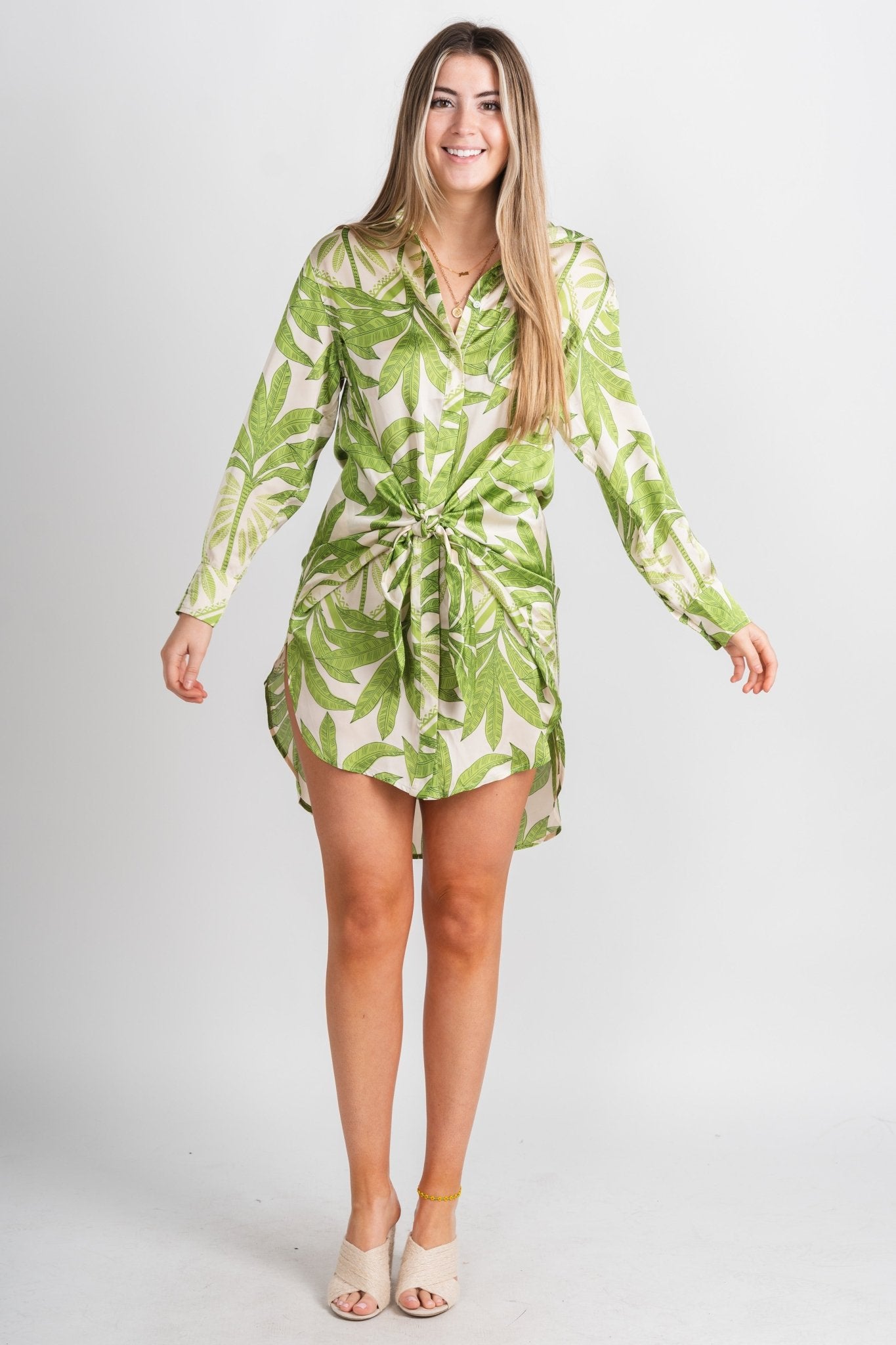 Tropical leaf tie waist dress green - Stylish dress - Trendy Staycation Outfits at Lush Fashion Lounge Boutique in Oklahoma City