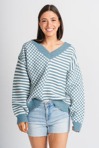 Checkered sweater ivory/blue – Stylish Sweaters | Boutique Sweaters at Lush Fashion Lounge Boutique in Oklahoma City