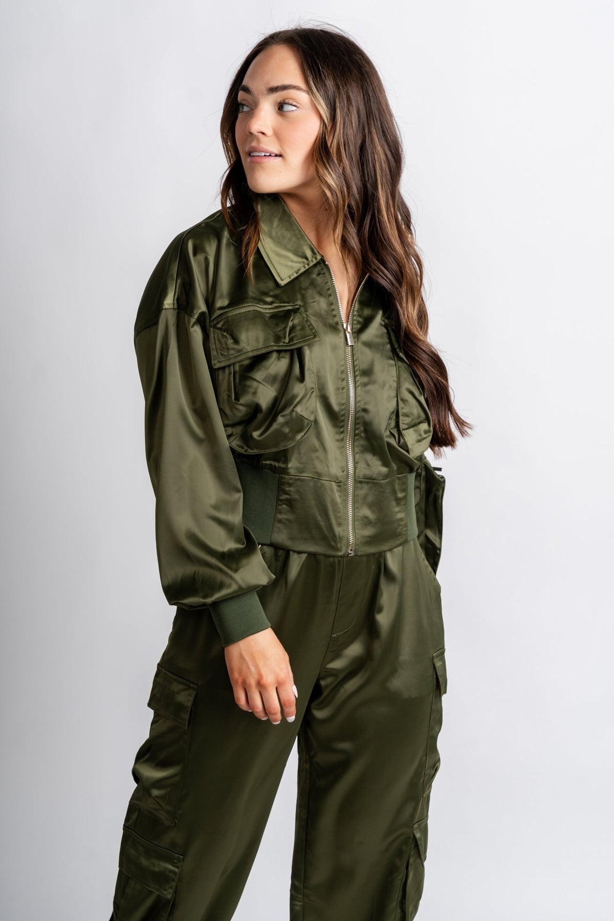 Satin cargo jacket olive – Trendy Jackets | Cute Fashion Blazers at Lush Fashion Lounge Boutique in Oklahoma City