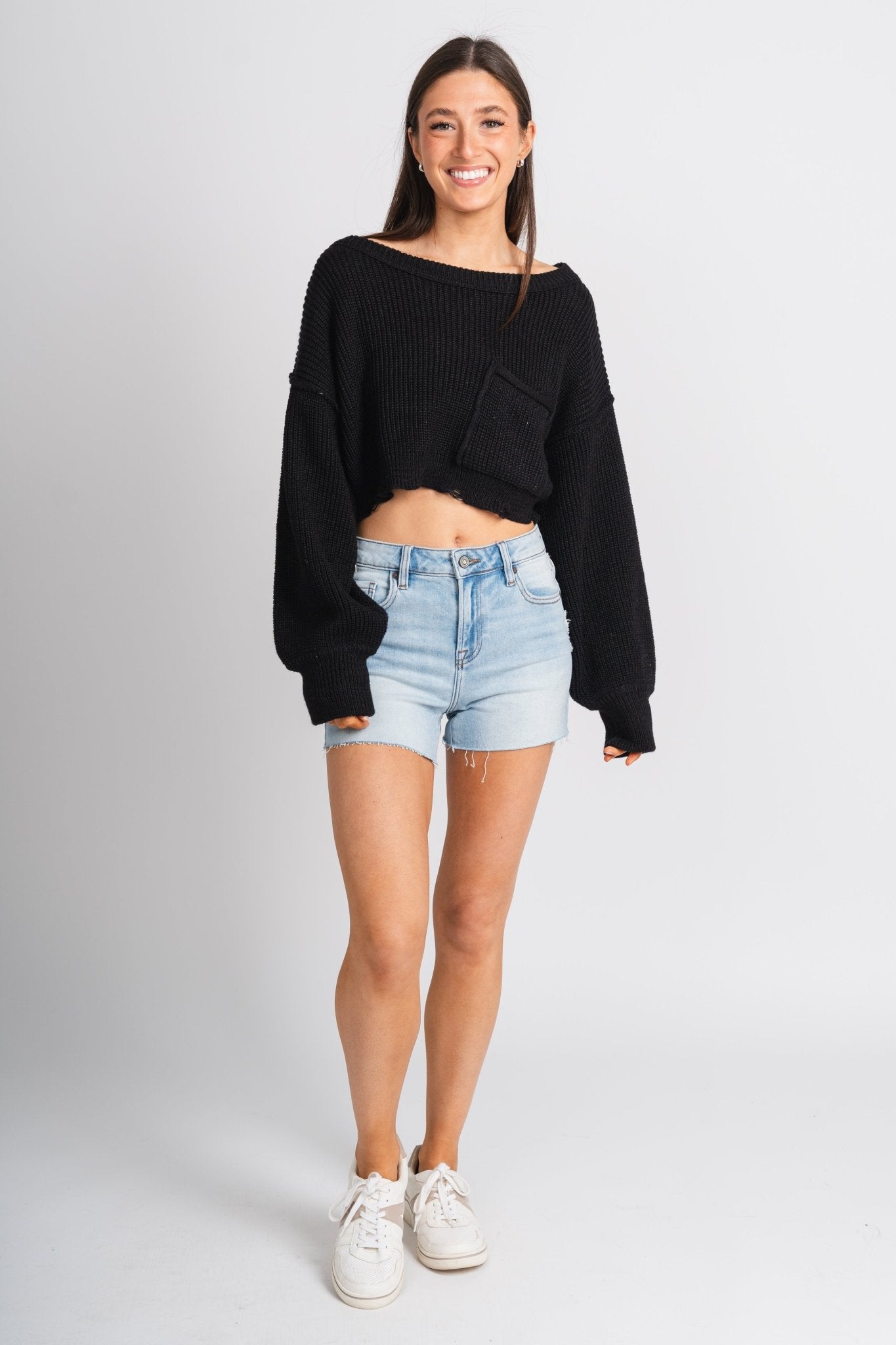 Distressed crop sweater black - Trendy Sweaters | Cute Pullover Sweaters at Lush Fashion Lounge Boutique in Oklahoma City