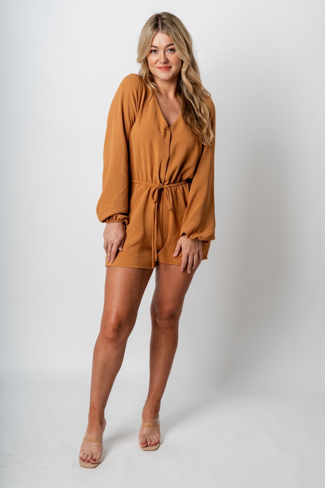 Tie waist long sleeve romper camel - Trendy Romper - Fashion Rompers & Pantsuits at Lush Fashion Lounge Boutique in Oklahoma City