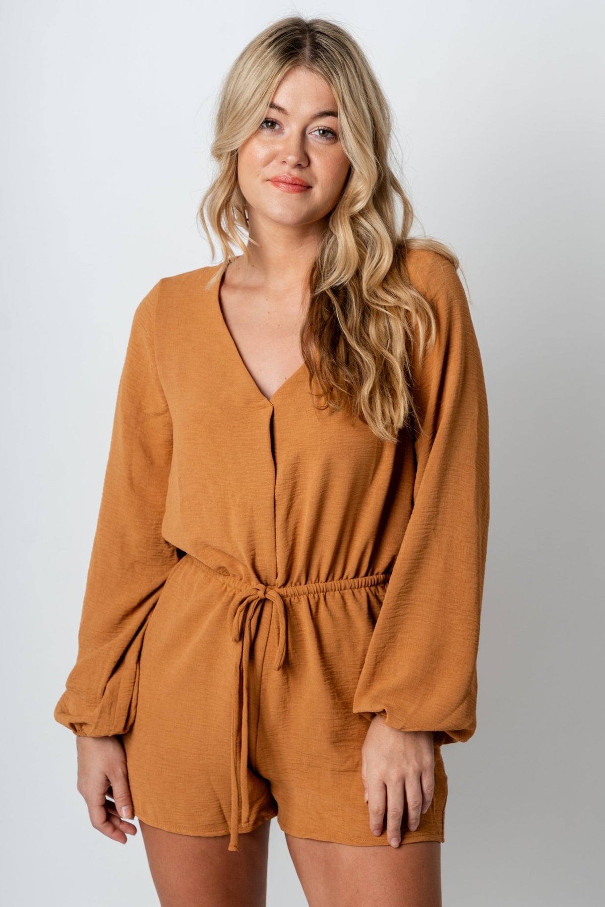 Tie waist long sleeve romper camel - Cute Romper - Trendy Rompers and Pantsuits at Lush Fashion Lounge Boutique in Oklahoma City