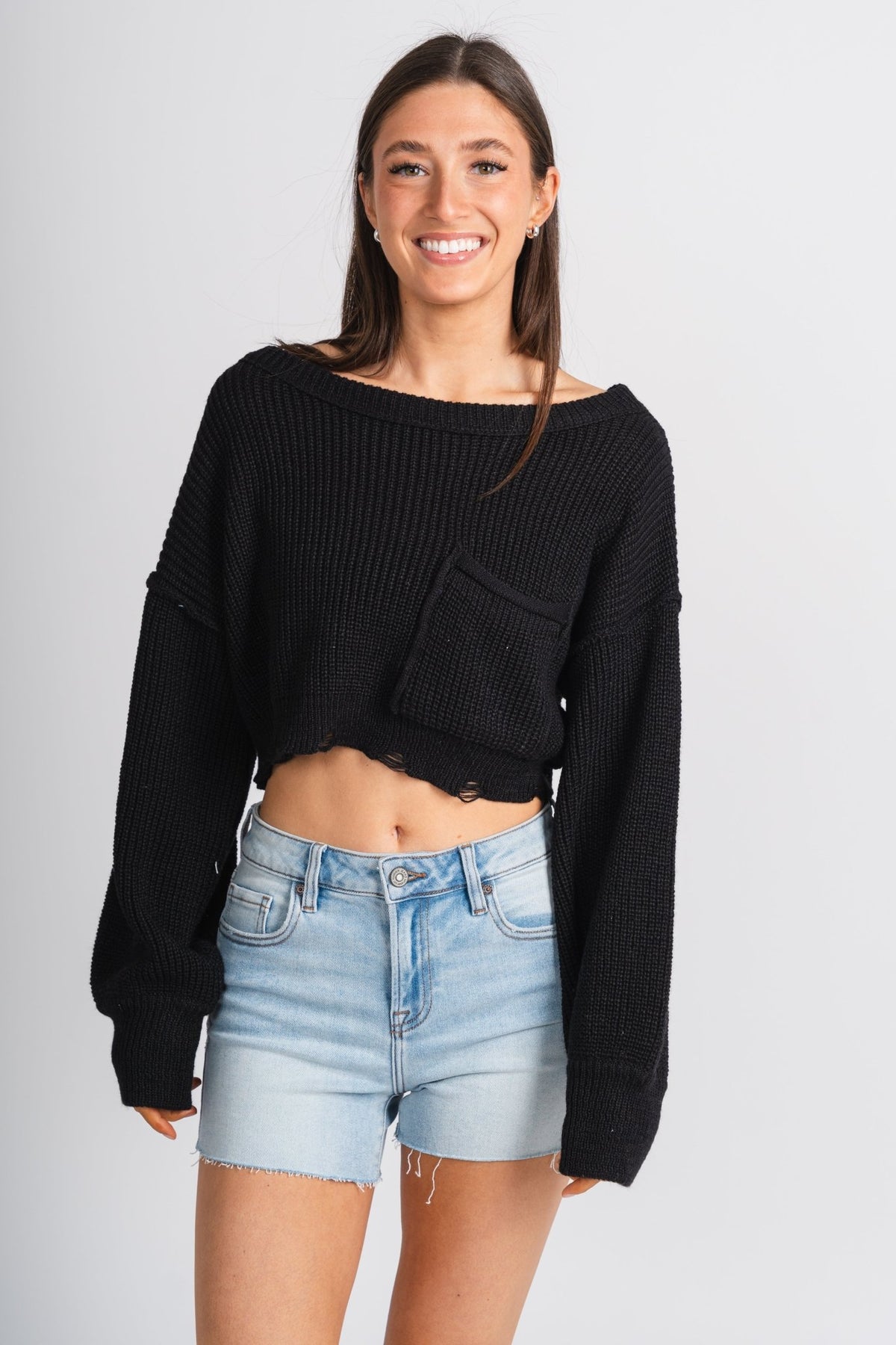 Distressed crop sweater black – Boutique Sweaters | Fashionable Sweaters at Lush Fashion Lounge Boutique in Oklahoma City