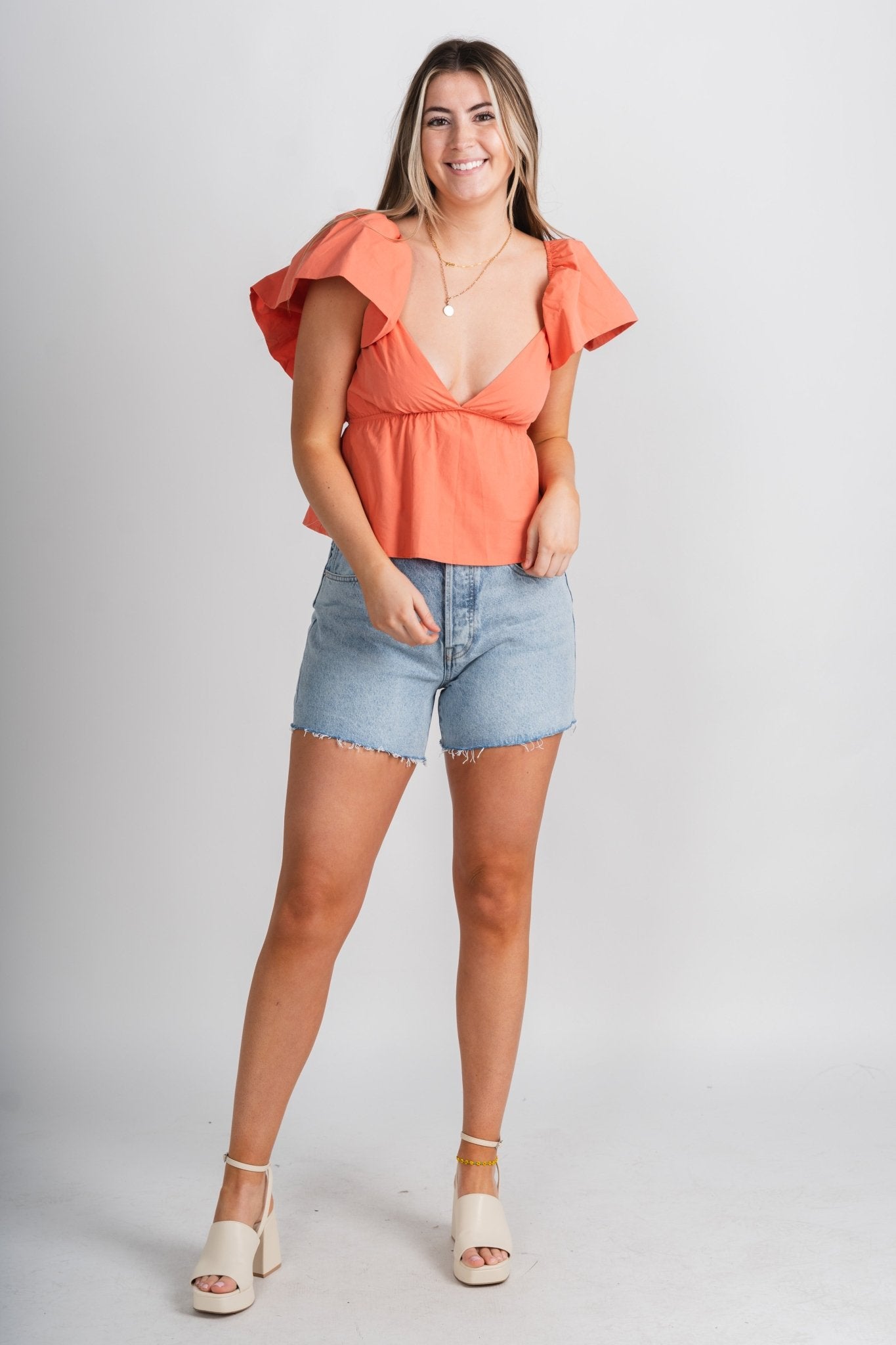 Ruffle sleeve peplum top coral - Stylish Top - Trendy Staycation Outfits at Lush Fashion Lounge Boutique in Oklahoma City