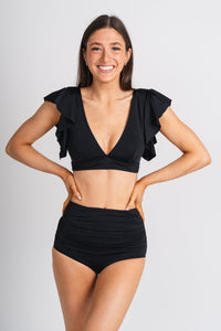 Ruffle trim bikini top black - Cute swimsuit - Fun Vacay Basics at Lush Fashion Lounge Boutique in Oklahoma City