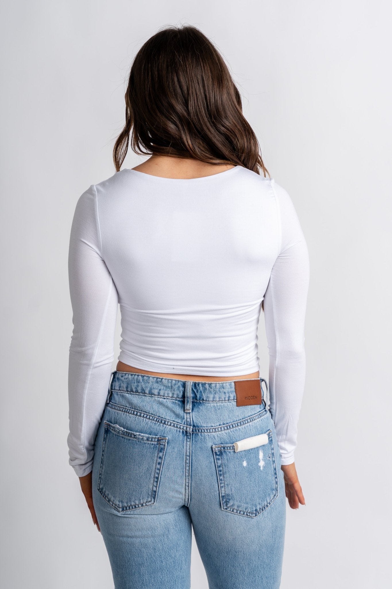 Long sleeve scoop neck modal top off white