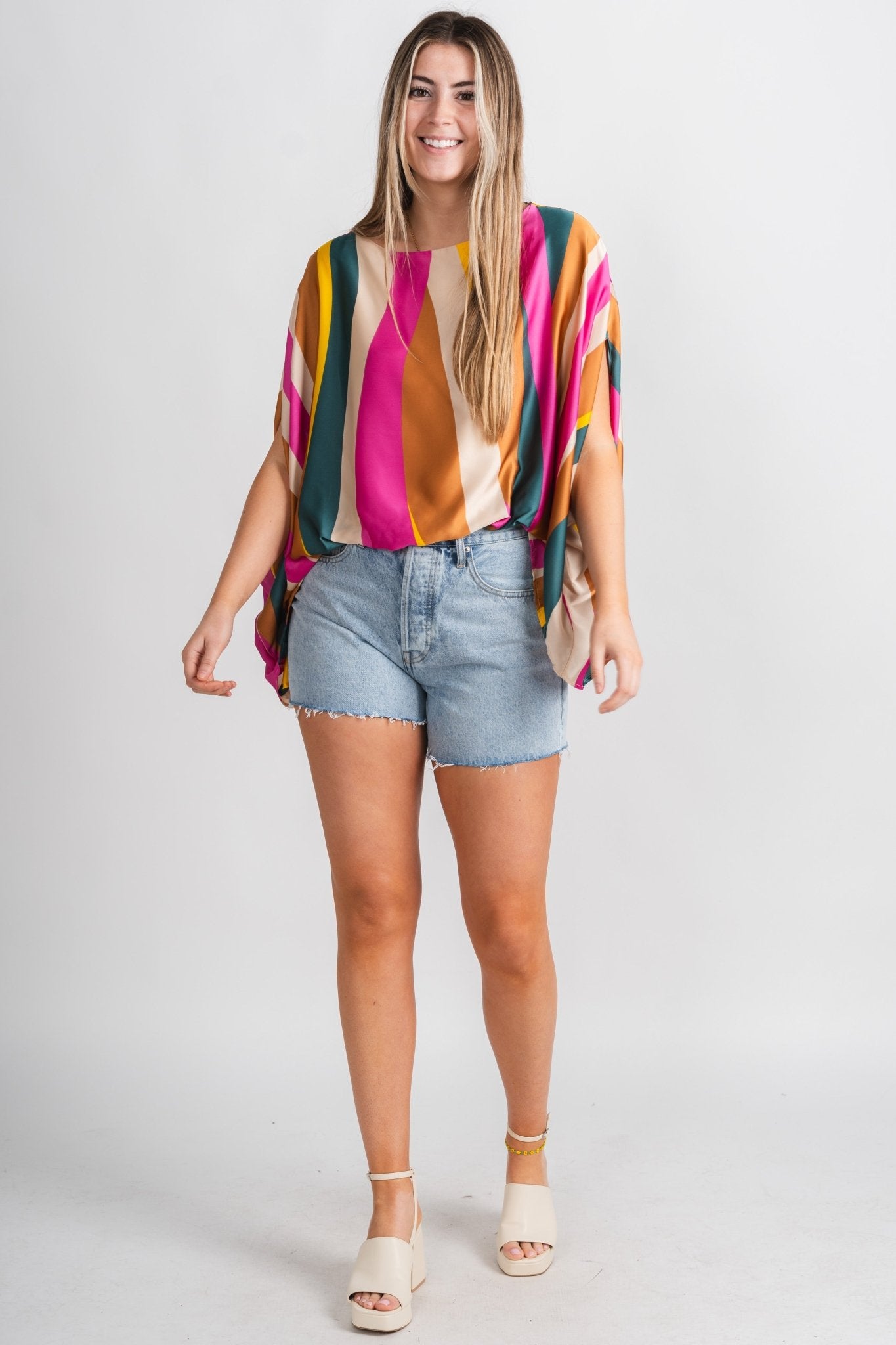 Striped sunset wonders top pink multi - Stylish Top - Trendy Staycation Outfits at Lush Fashion Lounge Boutique in Oklahoma City