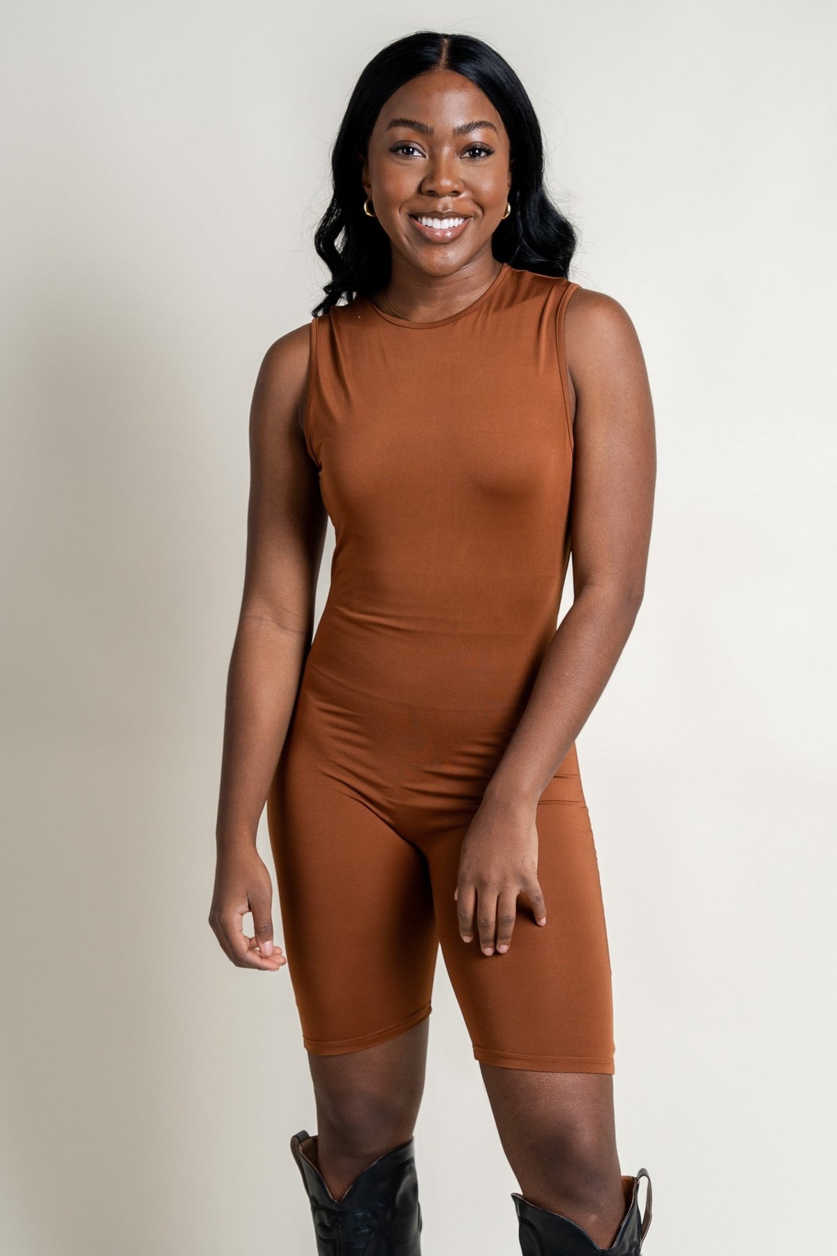 Zip back biker romper brown - Cute Romper - Trendy Rompers and Pantsuits at Lush Fashion Lounge Boutique in Oklahoma City