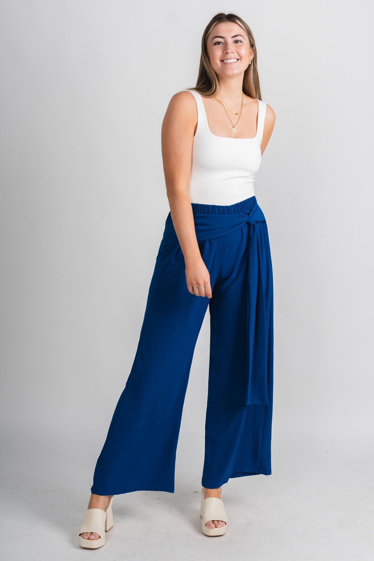 Tie waist wide leg pants royal blue - Trendy Pants - Cute Vacation Collection at Lush Fashion Lounge Boutique in Oklahoma City
