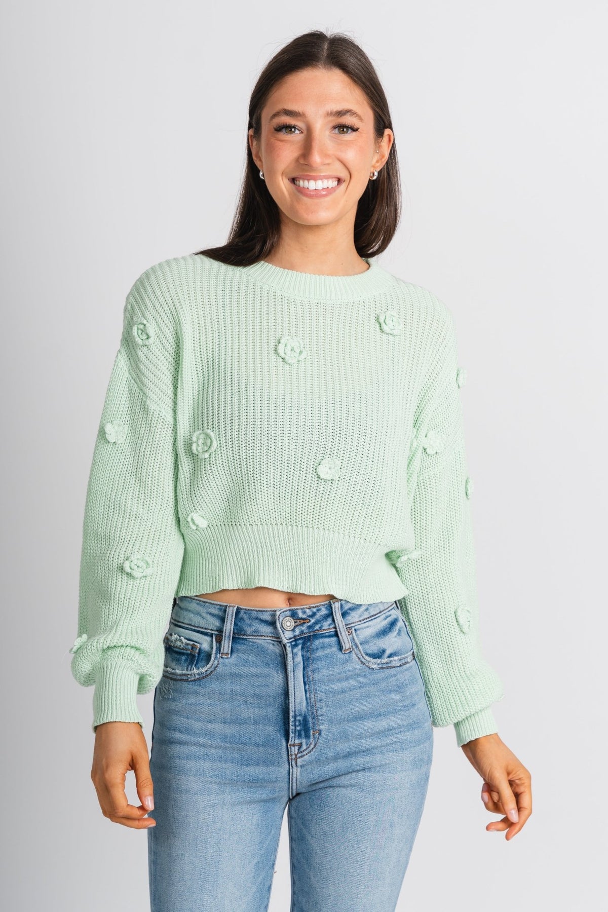 Flower detail sweater mint - Stylish sweater vest - Cute Easter Outfits at Lush Fashion Lounge Boutique in Oklahoma