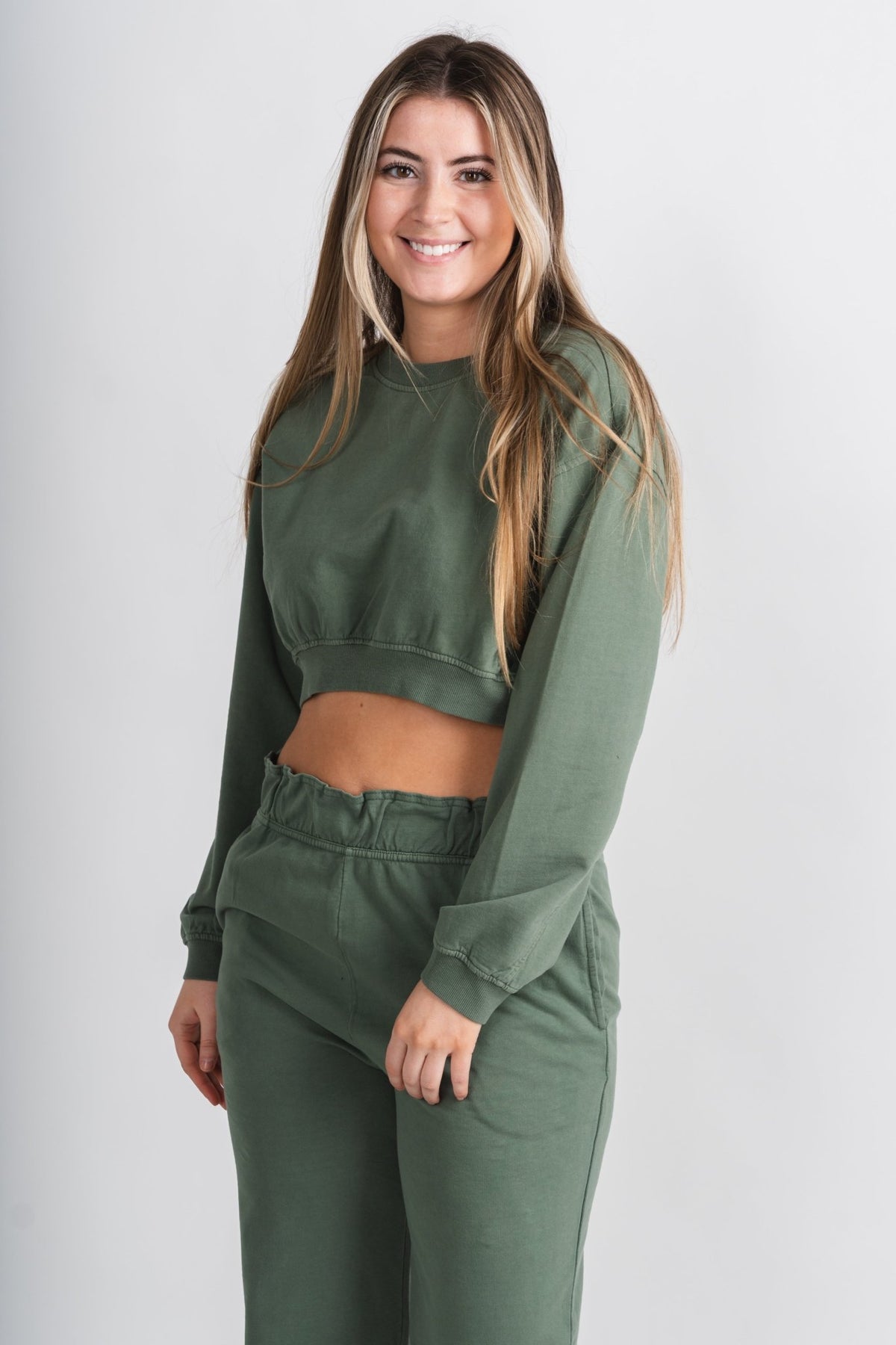 Cropped sweatshirt gray green - Trendy Sweatshirt - Cute Loungewear Collection at Lush Fashion Lounge Boutique in Oklahoma City