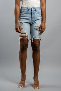 Vervet high rise distressed bermuda shorts Ledro - Stylish Shorts - Trendy Staycation Outfits at Lush Fashion Lounge Boutique in Oklahoma City