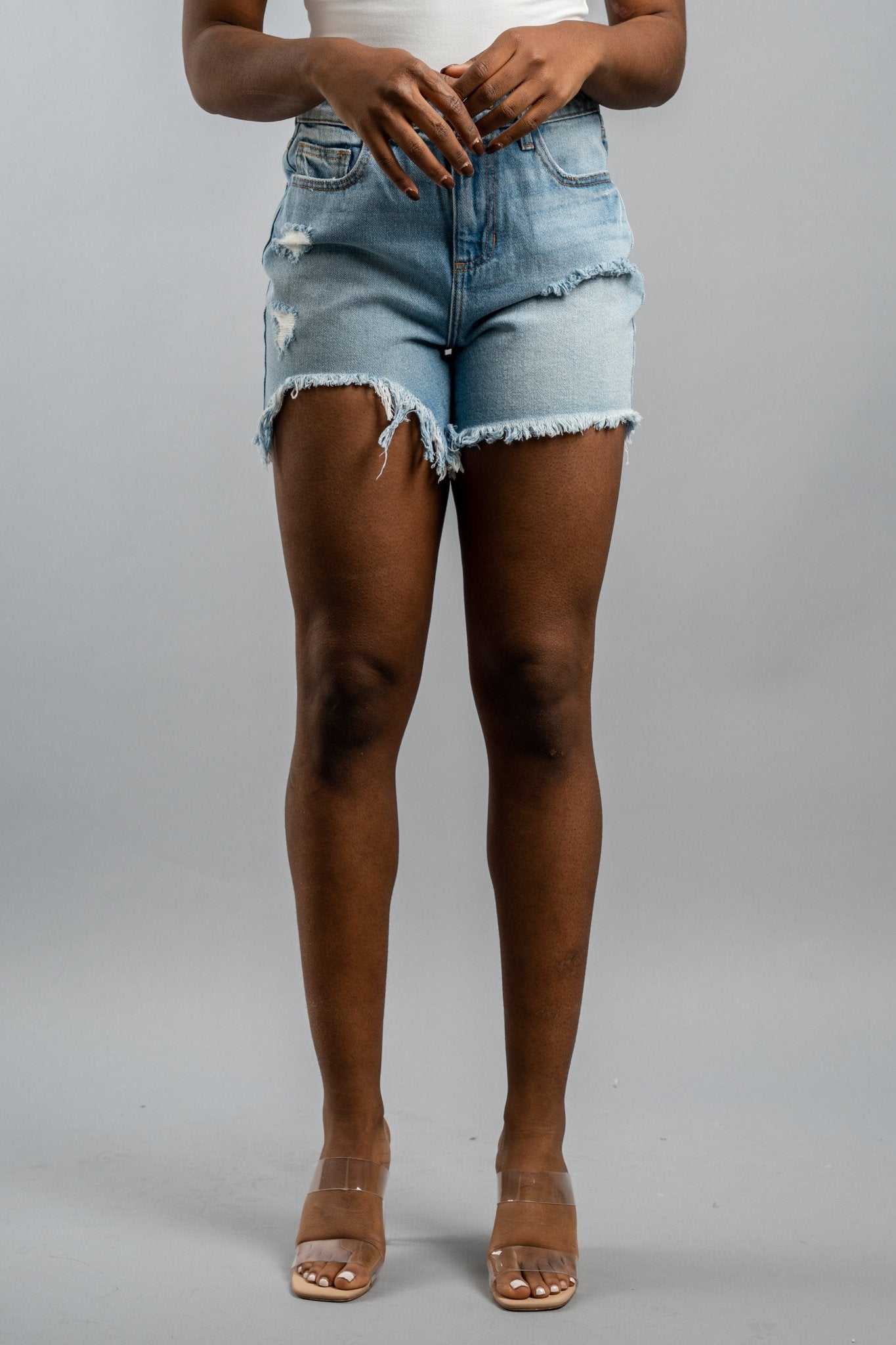 Cello high rise fray hem shorts light wash - Stylish Shorts - Trendy Staycation Outfits at Lush Fashion Lounge Boutique in Oklahoma City