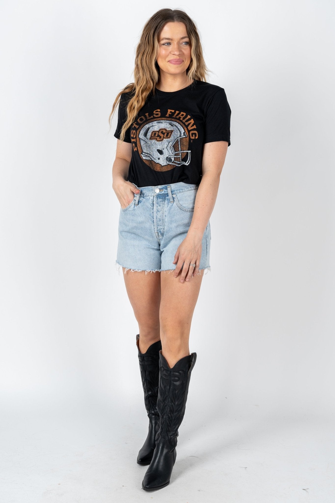 OSU OSU helmet circle unisex t-shirt black T-shirts | Lush Fashion Lounge Trendy Oklahoma State Cowboys Apparel & Cute Gameday T-Shirts