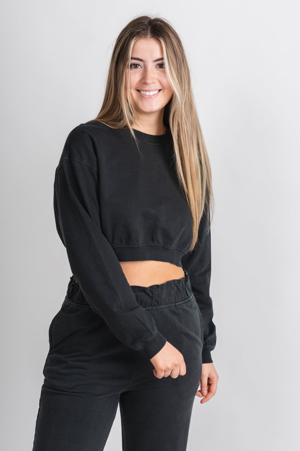 Cropped sweatshirt black - Trendy Sweatshirt - Cute Loungewear Collection at Lush Fashion Lounge Boutique in Oklahoma City