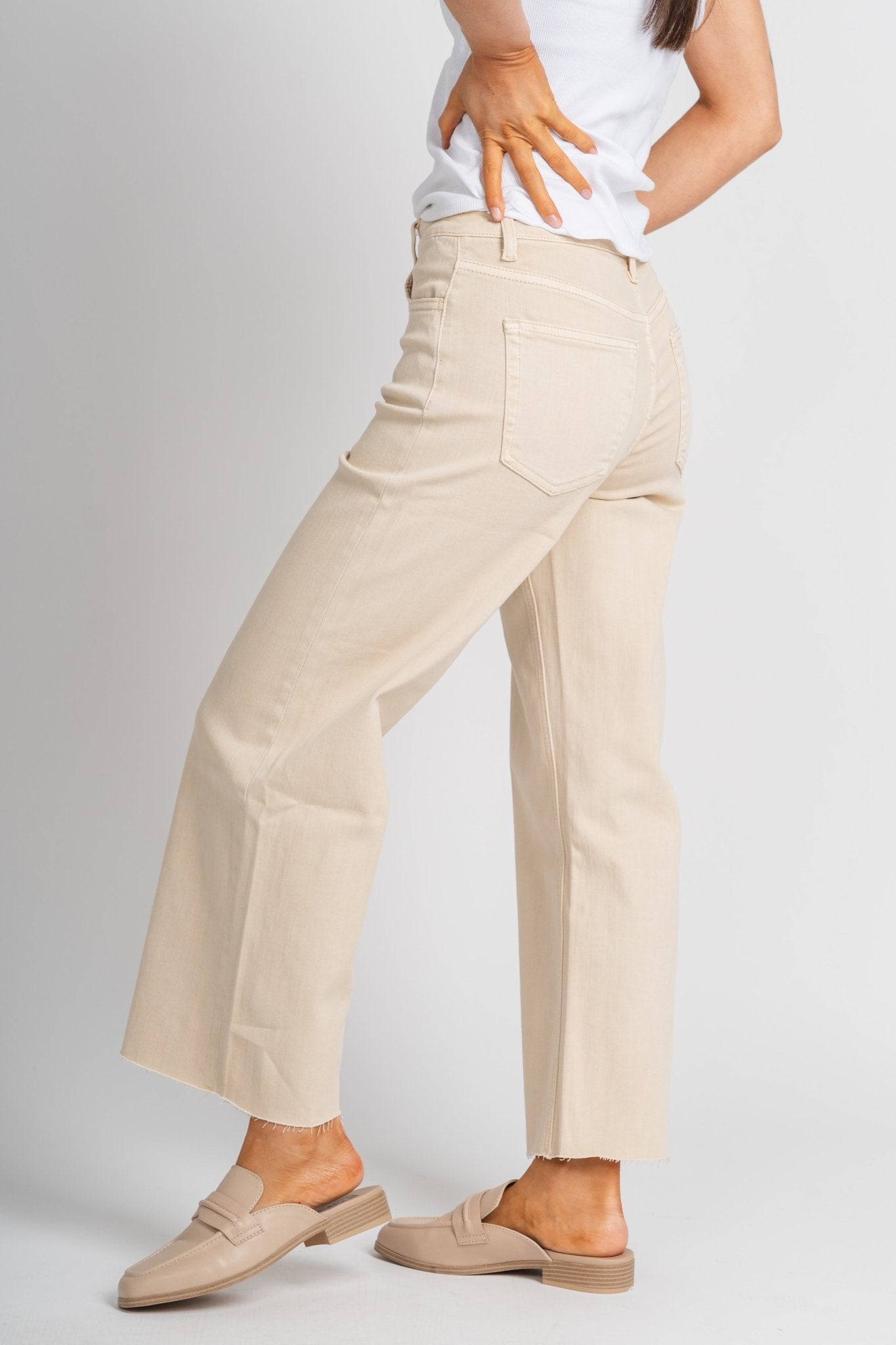 Flying Monkey high rise crop wide leg jeans white swan | Lush Fashion Lounge: boutique women's jeans, fashion jeans for women, affordable fashion jeans, cute boutique jeans