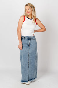 High waist denim maxi skirt denim - Stylish Skirt - Trendy American Summer Fashion at Lush Fashion Lounge Boutique in Oklahoma